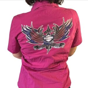 Harley Davidson Cotton Shirt Button Up Short Sleeves Hot Pink Size Large